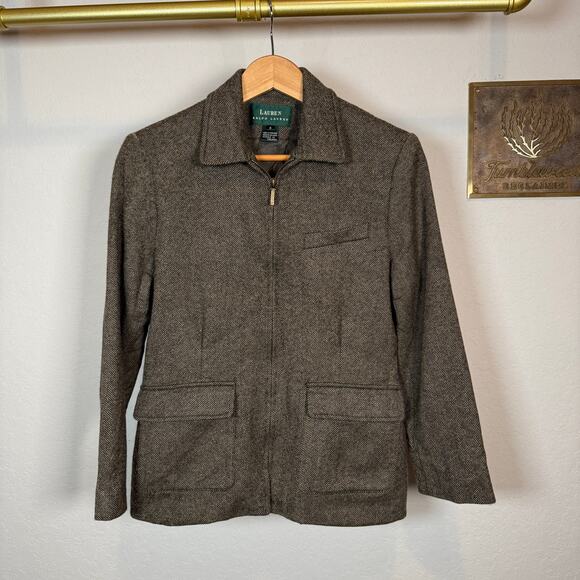 Women's Lauren Ralph Lauren Brown Herringbone 100% Wool Zip Front Jacket Sz 6 - Picture 2 of 13